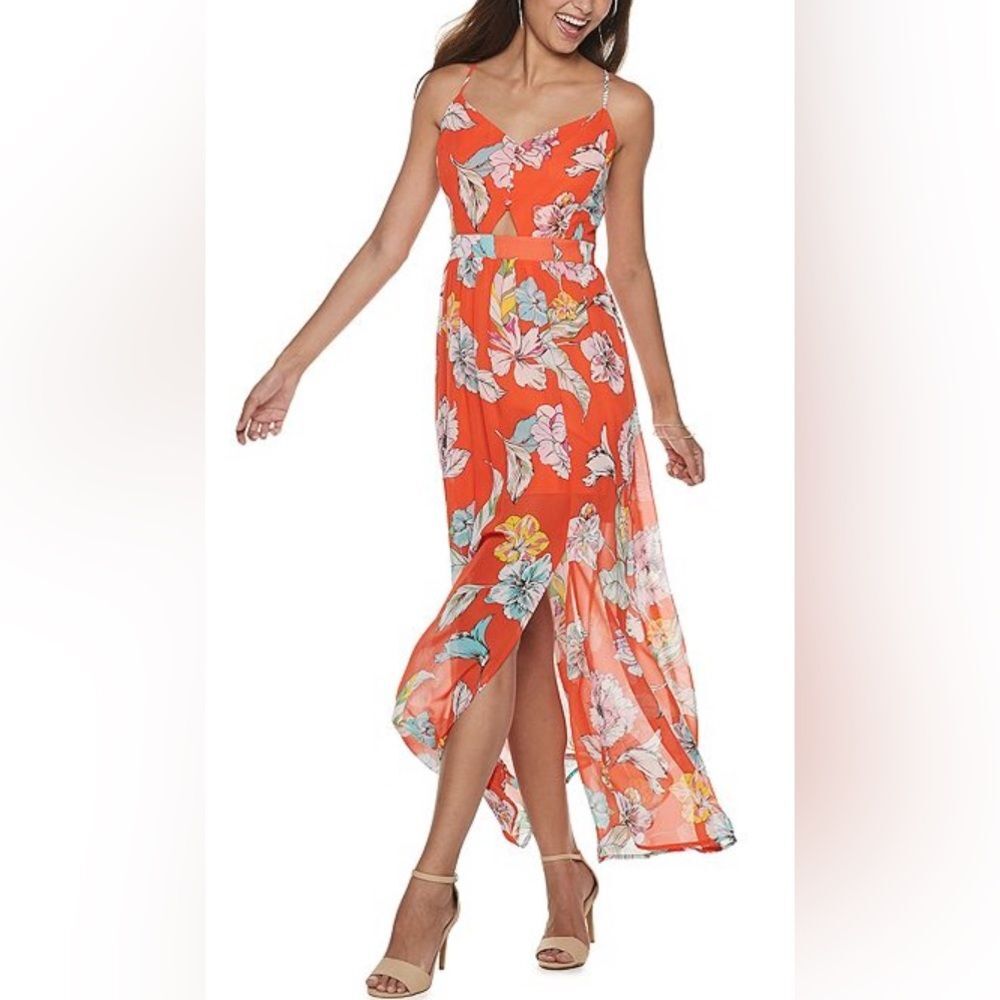 Candie's Chiffon Maxi Dress. Y2K. Orange Floral Pattern. Size XS